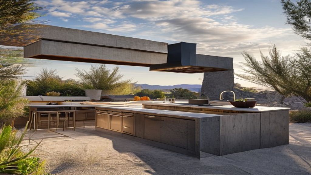 Sleek modern outdoor kitchen with stone countertops and stainless appliances set against a desert estate backdrop