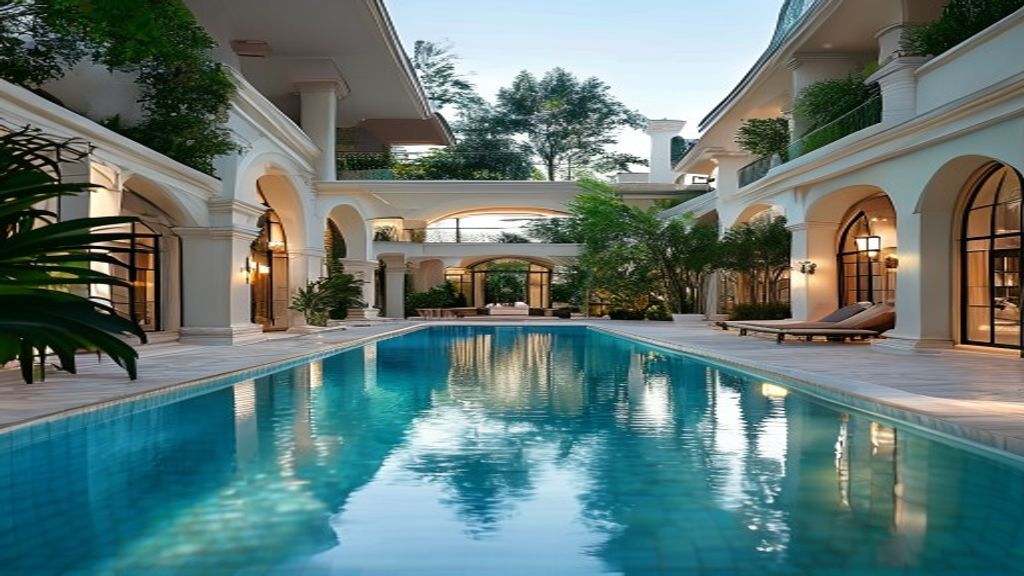 Luxury mansion interior featuring a sleek indoor pool and elegant living spaces for exclusive sale