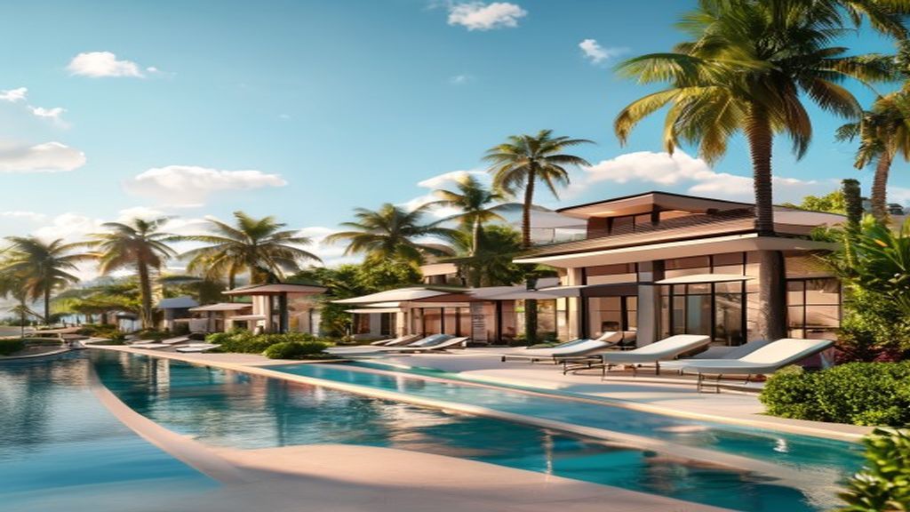 Elegant beachfront resort with European investors discussing luxury vacation property opportunities.