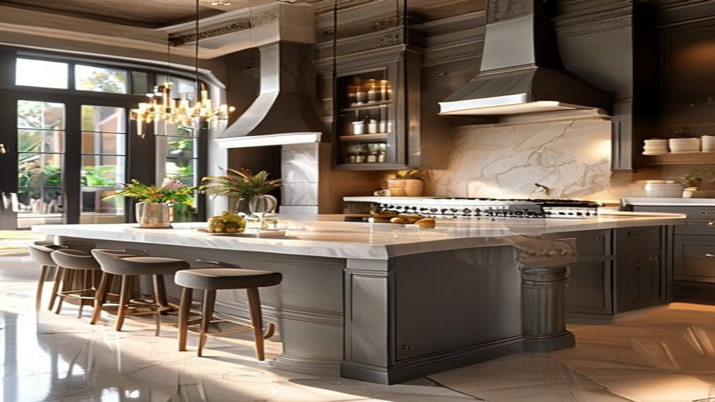 Custom kitchen island with marble countertop, built‑in lighting, and high‑end fittings for a luxury mansion upgrade.