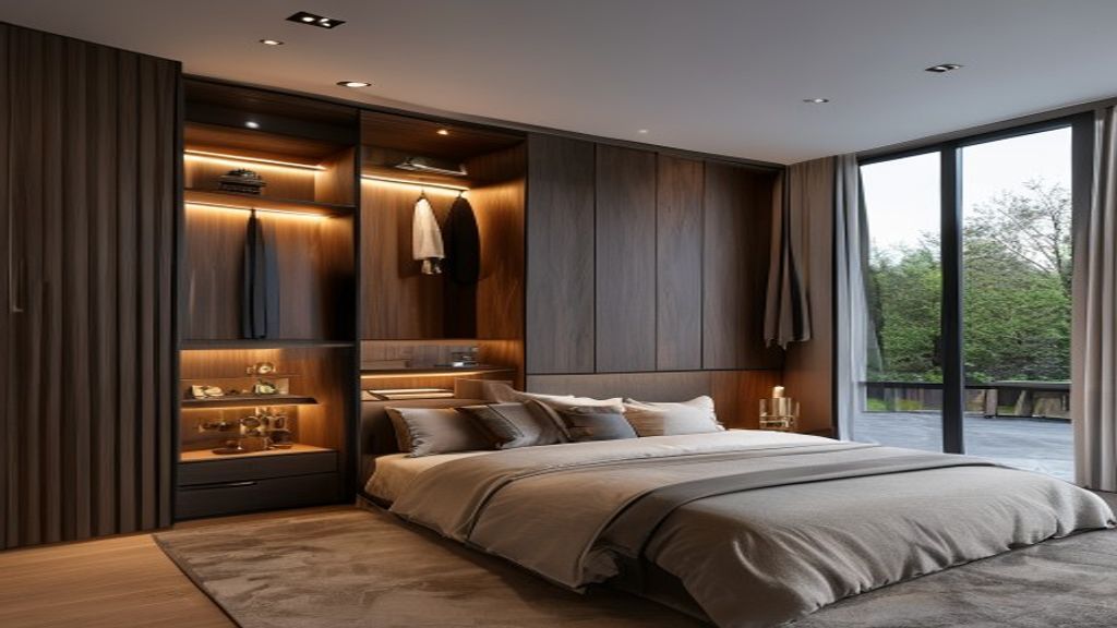 Elegant custom-built wardrobe seamlessly integrated into a luxurious master bedroom design.