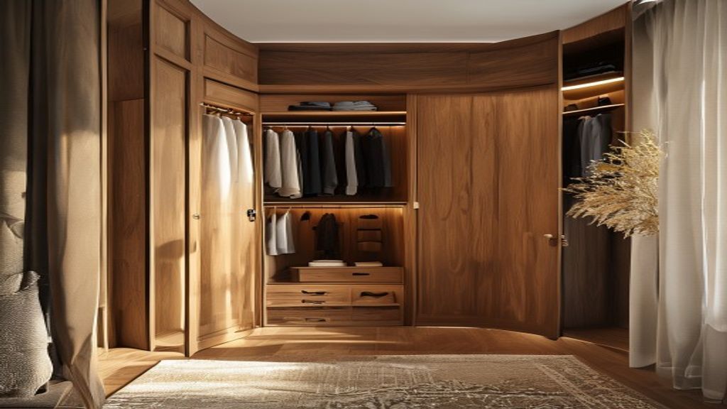Elegant custom-built wardrobes in a luxury master bedroom, showcasing premium wood finishes and seamless storage design